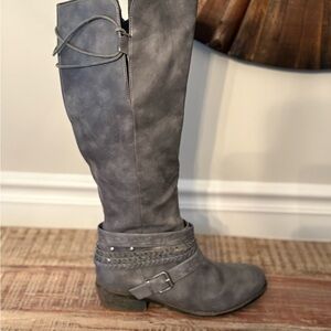 Women's Tall Grey Riding Boots with Braided Strap